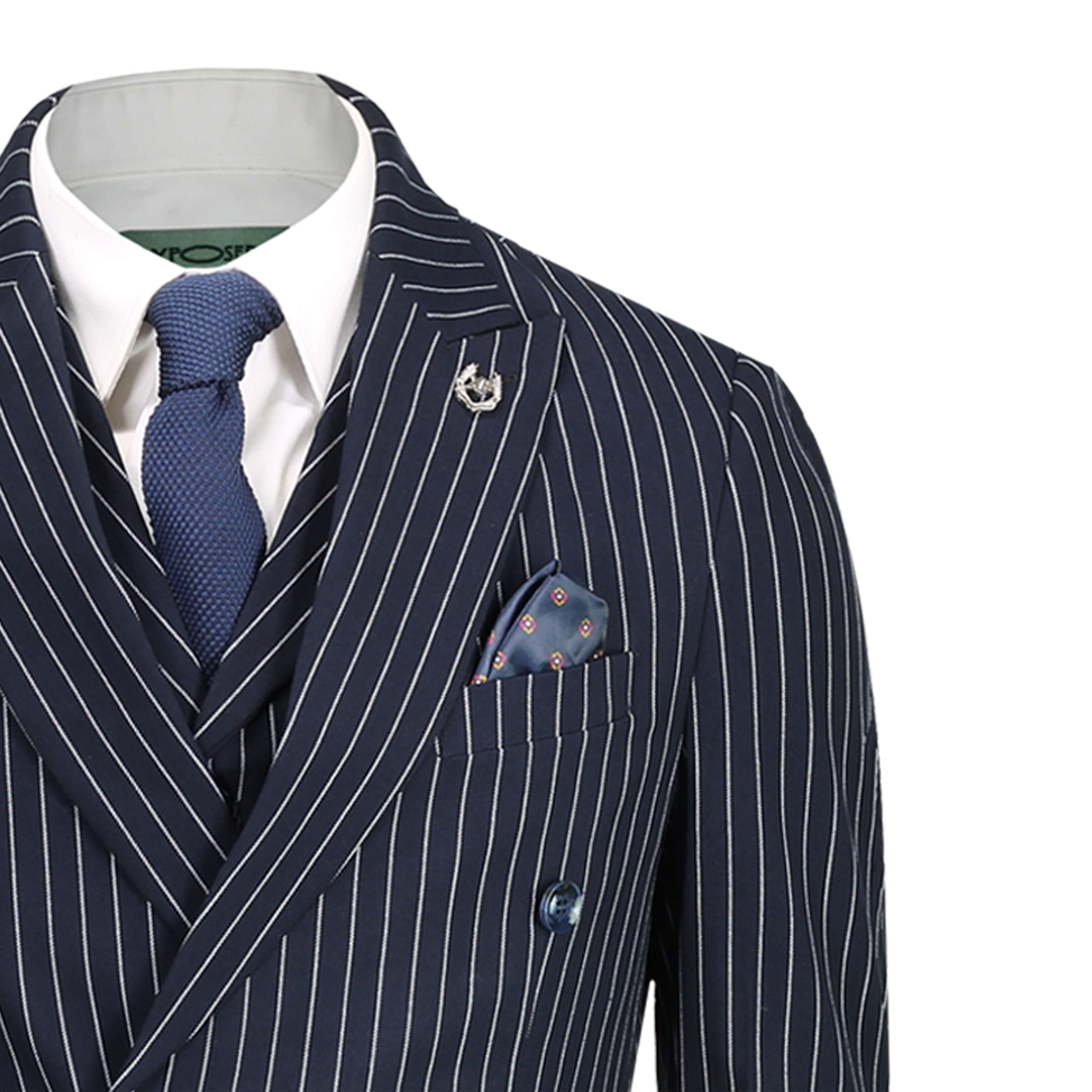 Double breasted navy hot sale chalk stripe suit